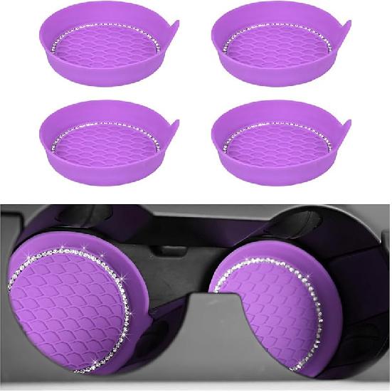 4PCS Car Cup Coaster, Bling Crystal Silicone Non-Slip Cup Holder Ert Coasters, Shockproof Rhinestone Auto Drink Mat Universal For Women Girls, фиолетовый