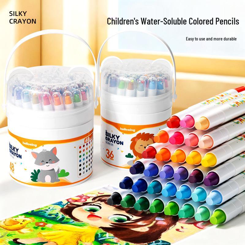 Water-Soluble Rotating Oil Pastels Set - 48 Colors for Children's Art and Crafts, Crayons and Paintbrushes Included, Multi-Color Doodling Pens.