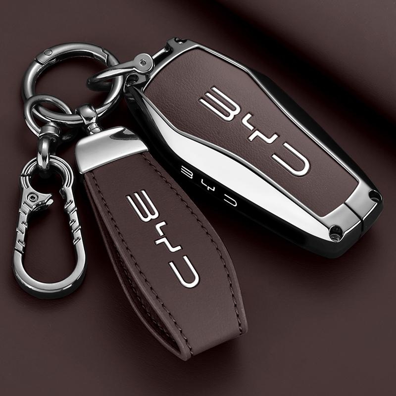 Zinc Alloy New Leather Car Key Case Cover Shell Fob for BYD Song Plus Atto 3 Han EV DM Qin Seal Dolphin Protective Auto Keychain