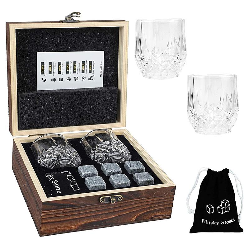 Whiskey Stones And Whiskey Glass Gift Set Of 4, For Men | Father's Day, 6 Granite Whiskey Stones, 2 Whiskey Glasses,1 Wooden Box