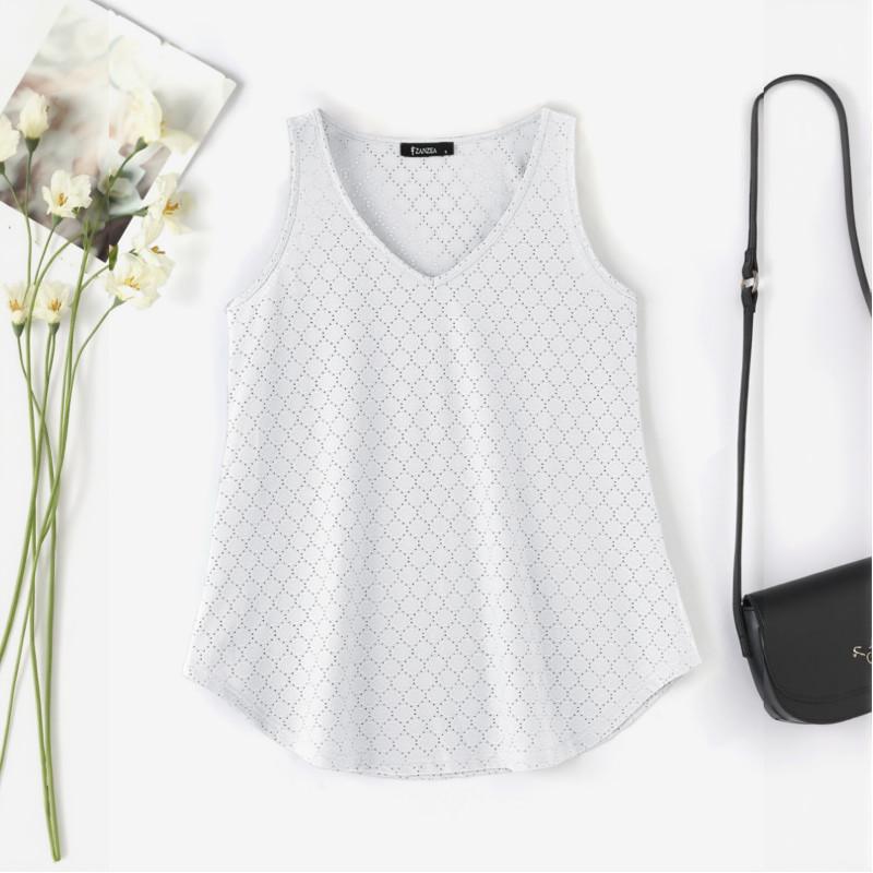 

ZANZEA Women Summer V-Neck Sleeveless Solid Hollow Crochet Tank Tops 2XL білий