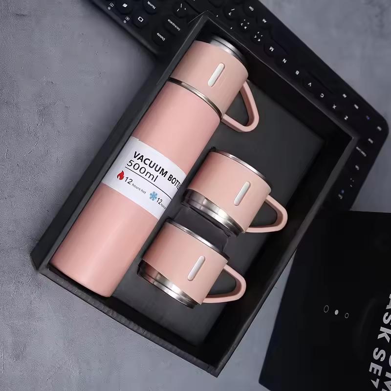 Custom 500ml Double-Wall Thermal Mug Gift Set Tea Cup 304 Stainless Steel Tumbler Water Bottle Portable Vacuum Flask with 2 Cups