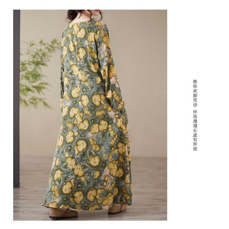 Loose Printed Round Neck Long Sleeve Dress Women's Long Dresses