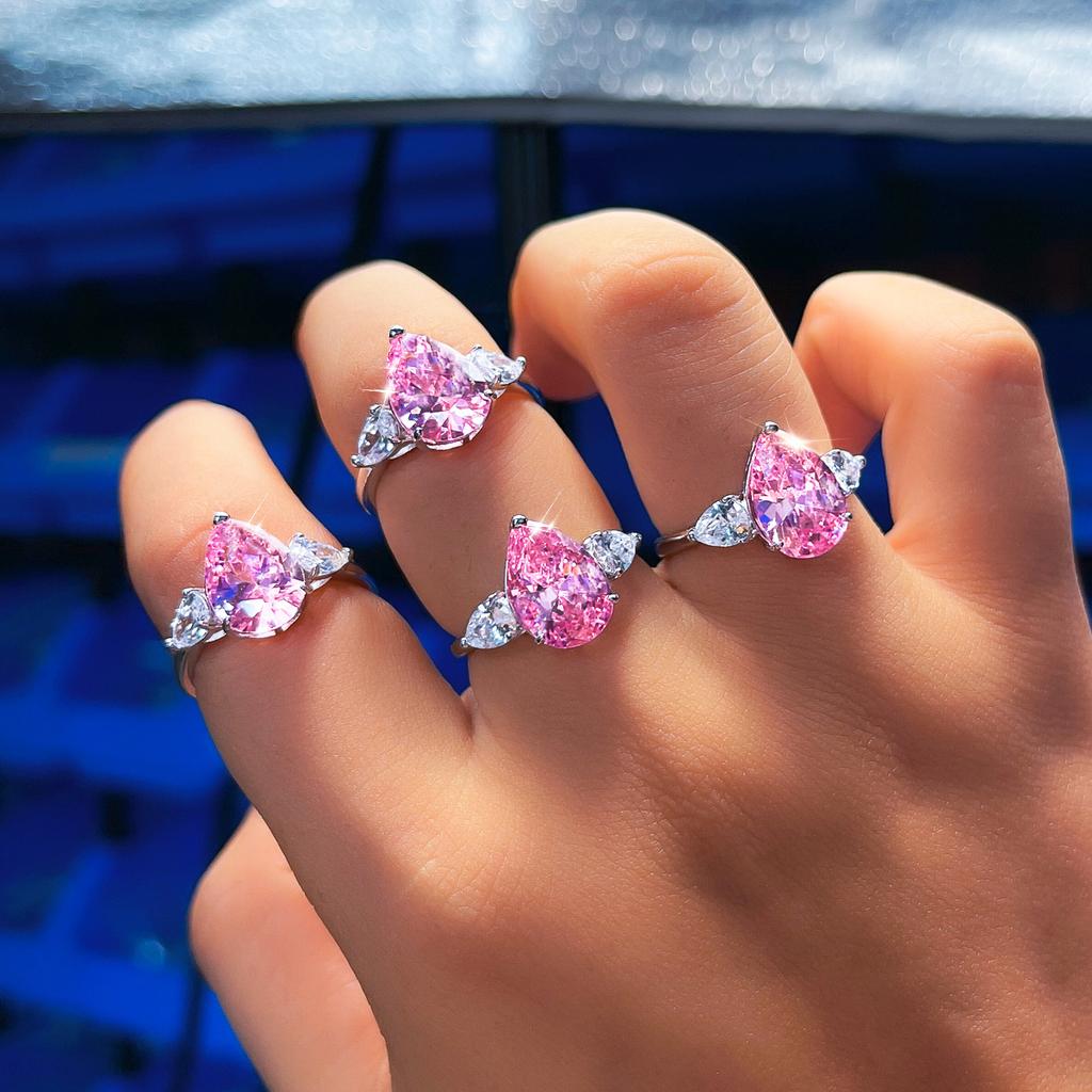 925 Sterling Silver Pear Cut 5A Cubic Zirconia Ring Sparkling Pink Teardrop CZ Engagement Promise Rings for Women Fine Jewelry