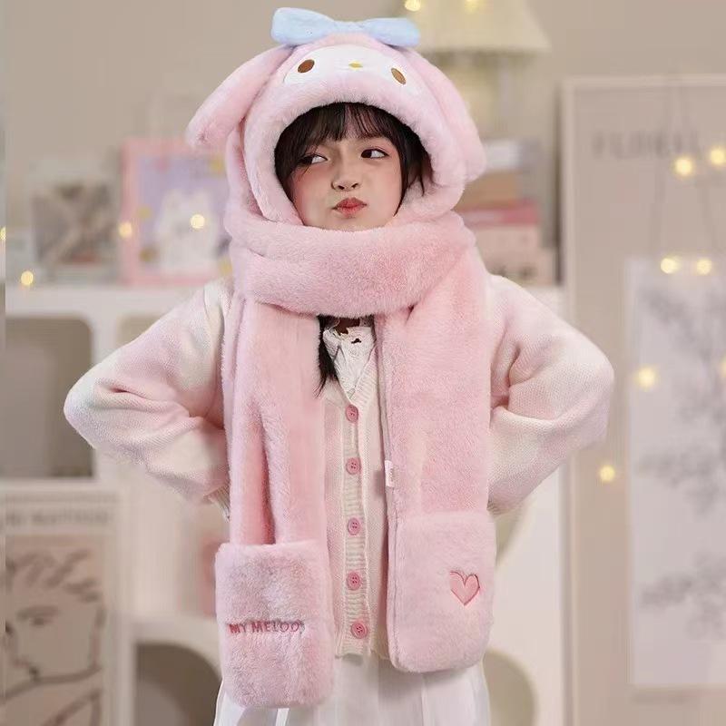 Kuromi My Melody Cinnamoroll Kids' Integrated Hat-Scarf: Cute, Warm Winter Accessory