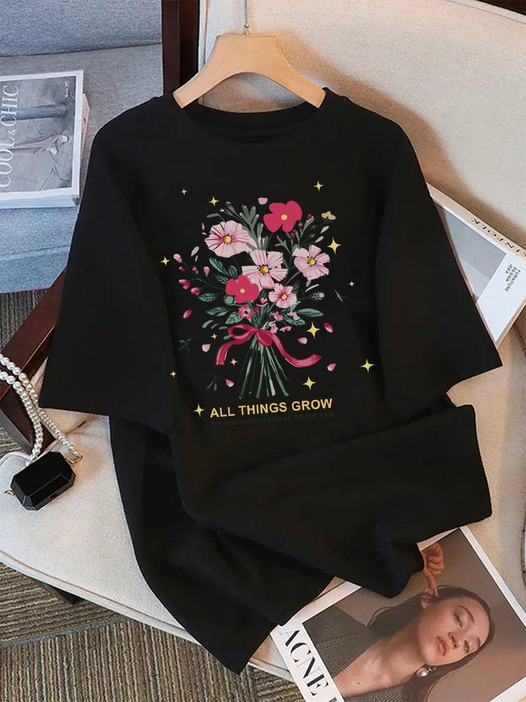 Summer T-Shirts Women Cotton All Things Grow Beautiful Flowers Print Tops Loose O-Neck Soft Comfortable T Shirt Casual Clothes