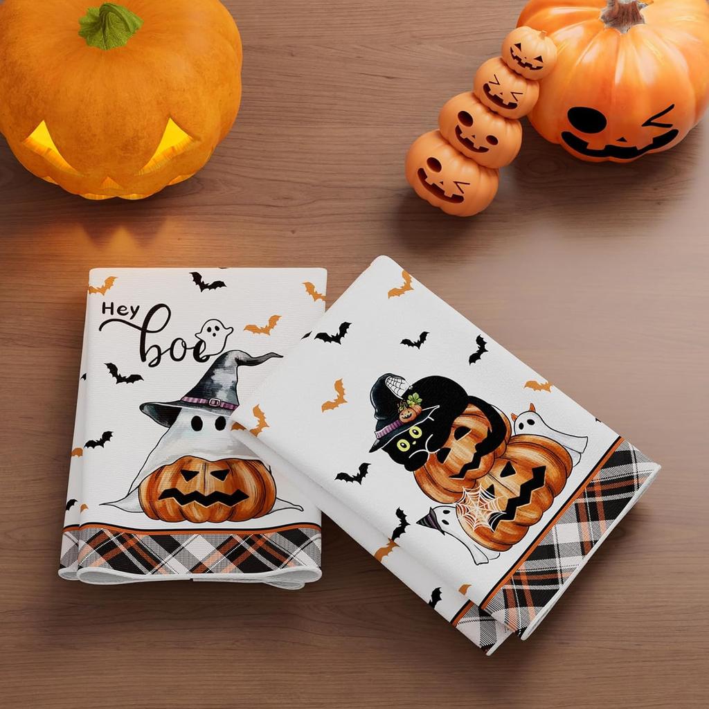 XCHI Halloween Boo Spooky Ghost Cat Kitchen Towels Dish Towels 18x26 Inch Home Kitchen Decorations Hand Towels Set of 2 Drying Dishcloth