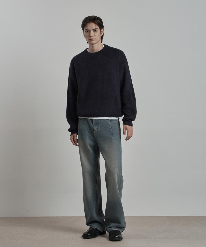 WORK ON BODY OFF Lanugo Semi-Overfit Brushed Round Neck Knit [Navy]