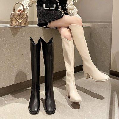 Herbst und Winter 2025 neue lange Stiefel Damen aber Knie weiße hohe Stiefel dicker Absatz eckige Spitze Samt Ritterstiefel dünne Stiefel