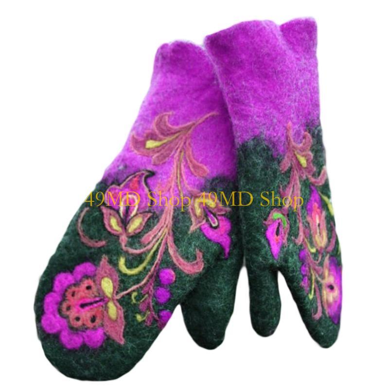 49MD Women Fashion Floral Embroidery Warm Gloves Faux Wool Thick Thermal Lady Mittens