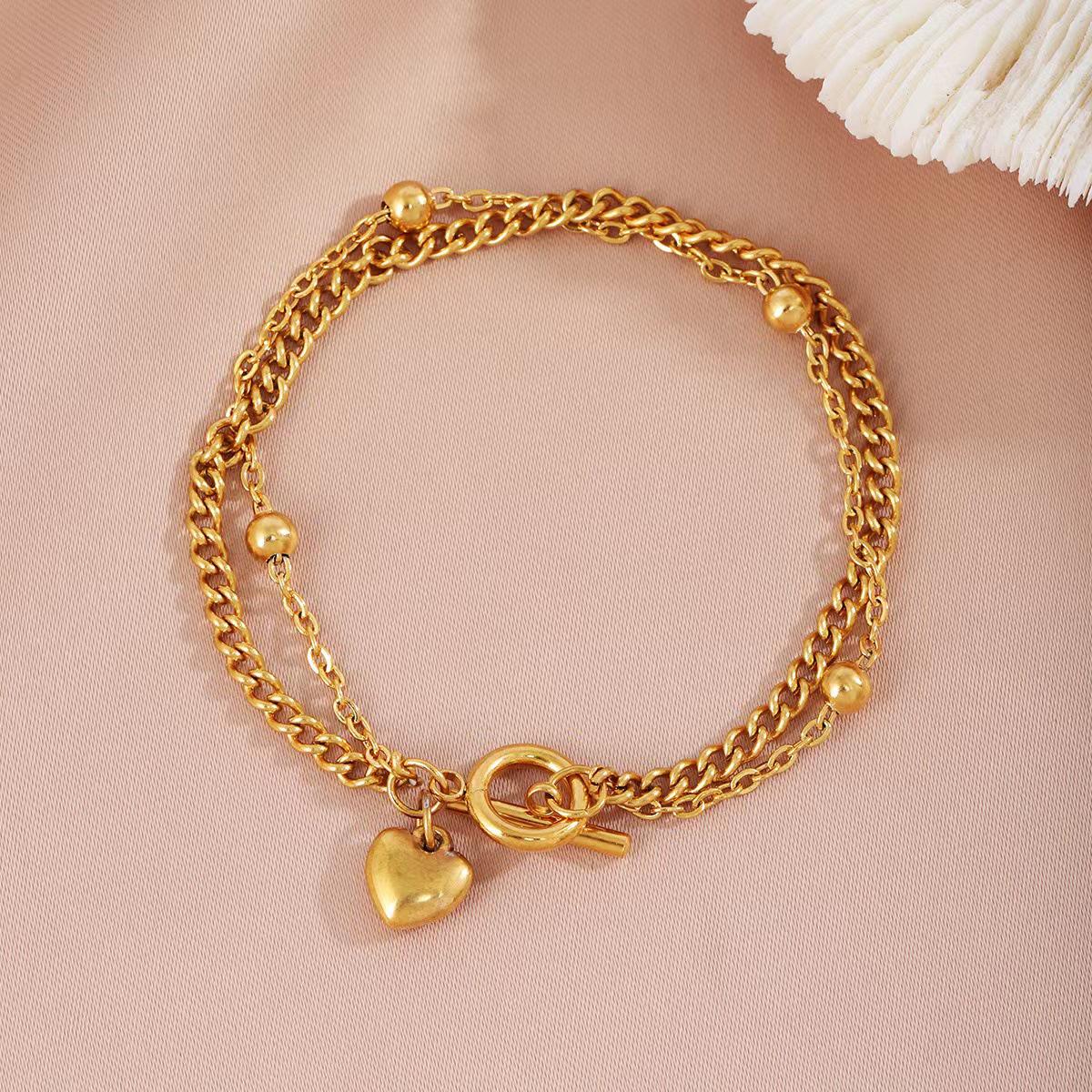 

Gold Heart Pendant Double Layer Stainless Steel Bracelet for Women 15cm