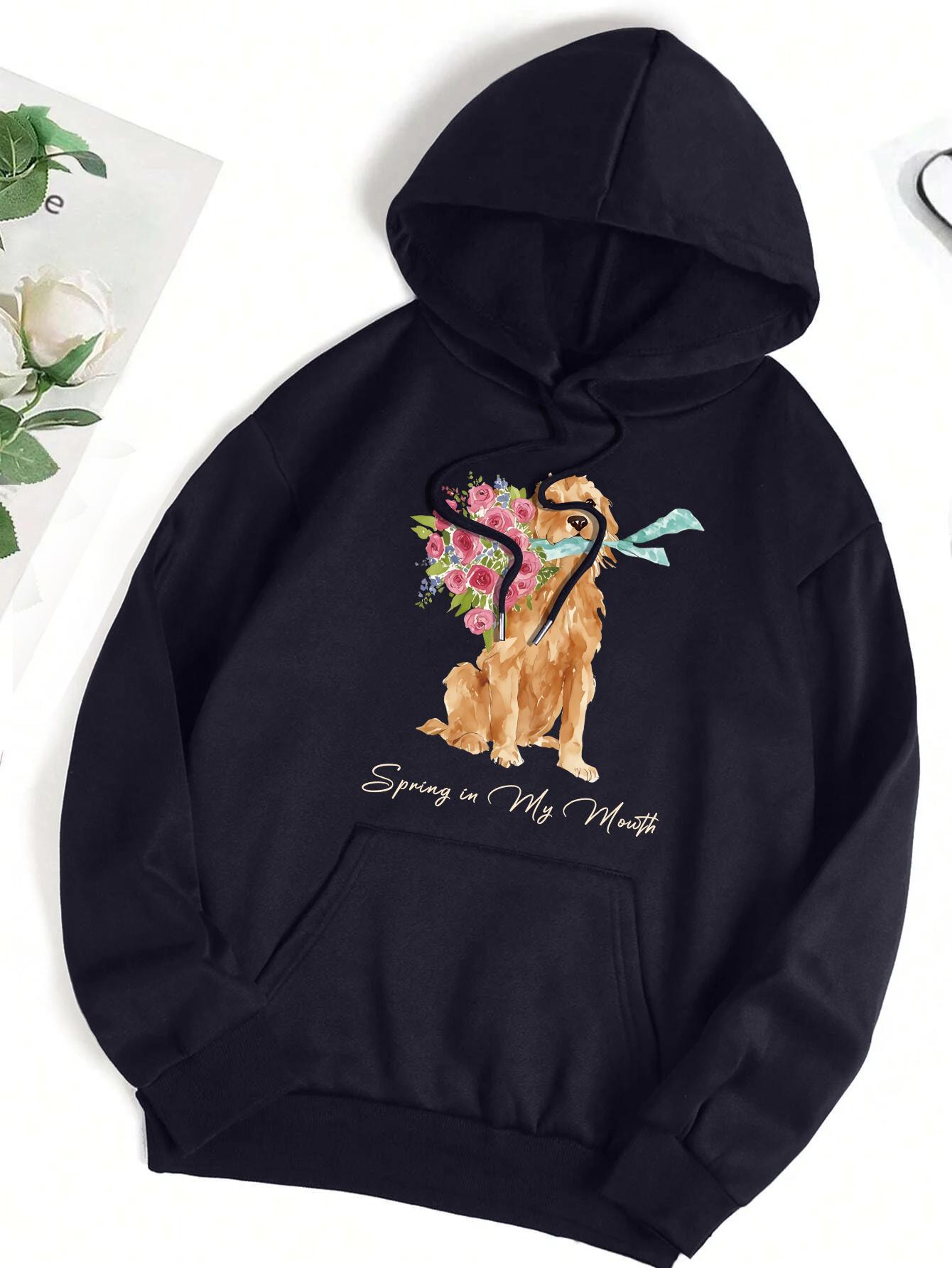

Spring In My Mouth Dog Flower Print Women Hoodie Loose Casual Streetwear All-Match Pocket Hoody Autumn Fleece Sportswear 3XL
