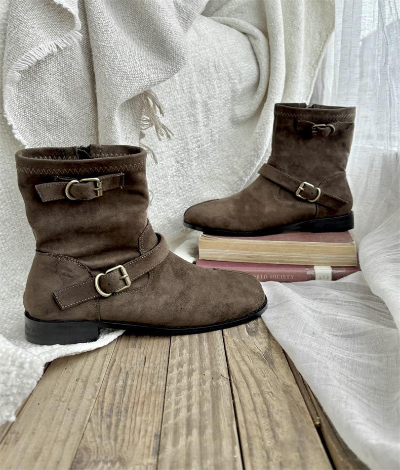 Autumn new mid-tube one-word split-toe western boots women's short boots genuine leather Korean version versatile Martin boots