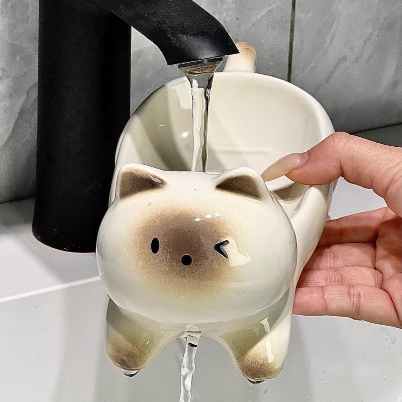 Creative High Appearance Level Cat and Panda-shaped Soap Dish, Water-draining Ceramic High-end Light Luxury Soap Storage Box