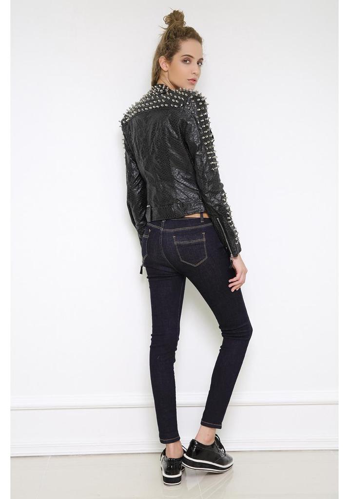 European & American Women's Punk Style Rivet Lapel Faux Sheepskin Motorcycle Jacket for Autumn & Winter