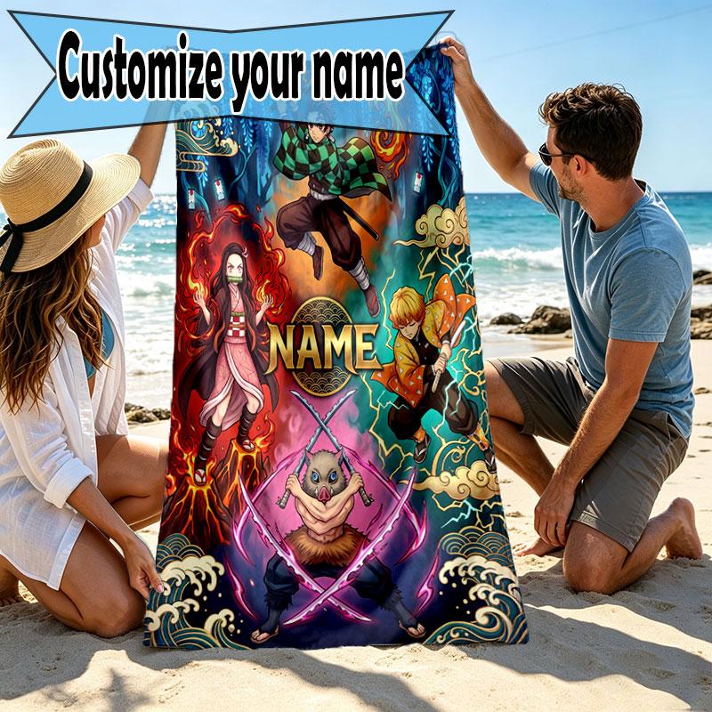Serviette de plage personnalisée avec nom et motif Demon Slayer, pour Voyage Camping Fête à la plage Décoration de maison, Cadeau d'anniversaire pour la Famille & les Amis
