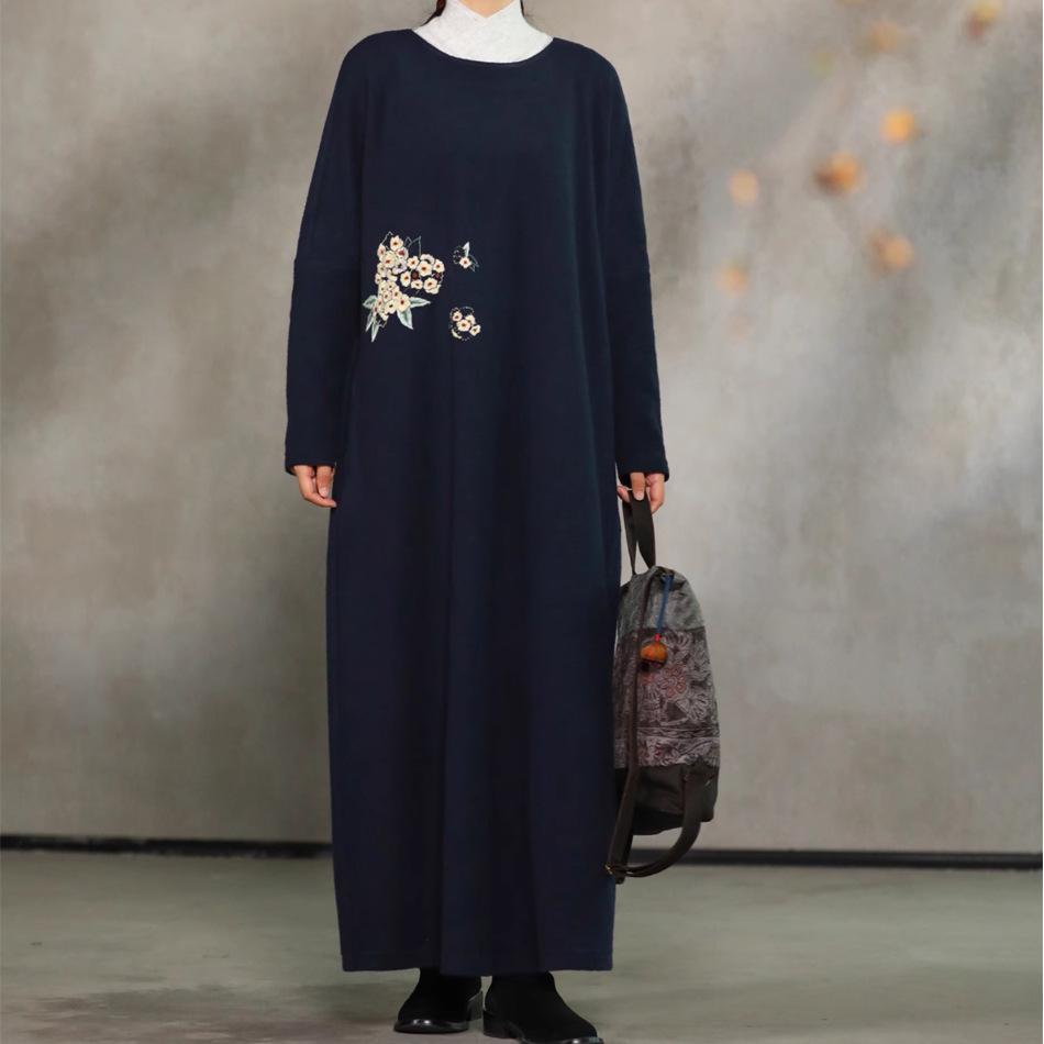 

Женская длинная юбка из чистого хлопка с ретро-вышивкой - коллекция осень/зима 2024 г. Large темно-синий