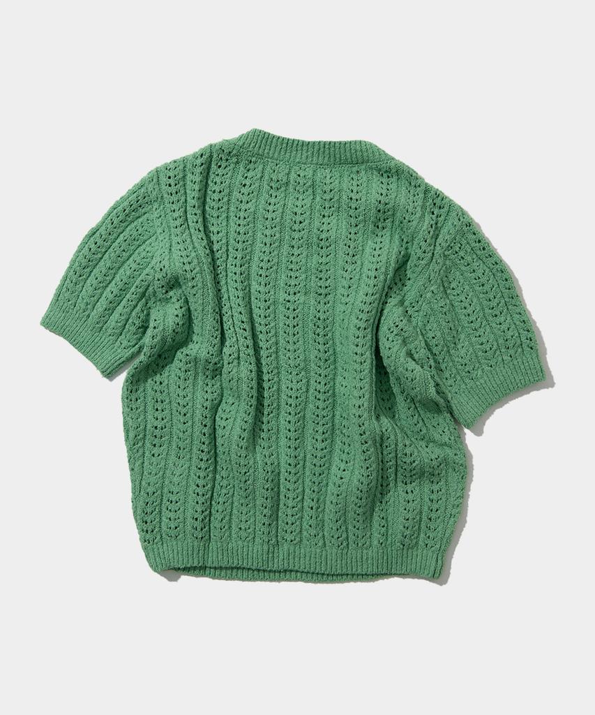 PLACE STUDIO Striped Soft Round Neck Crop Short Sleeve Knit Top [Green]