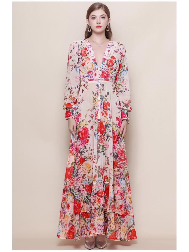 Damen Retro Hofstil V-Ausschnitt Kleid mit Schnürung an der Taille, Laternenärmeln, Blumendruck und weitem Saum - Kollektion 2026