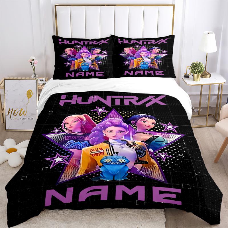 Custom Name Huntrix Name Bedding 3 Piece Set HD Print Duvet Cover Pillowcases for Teens Adult Bedroom Decoration