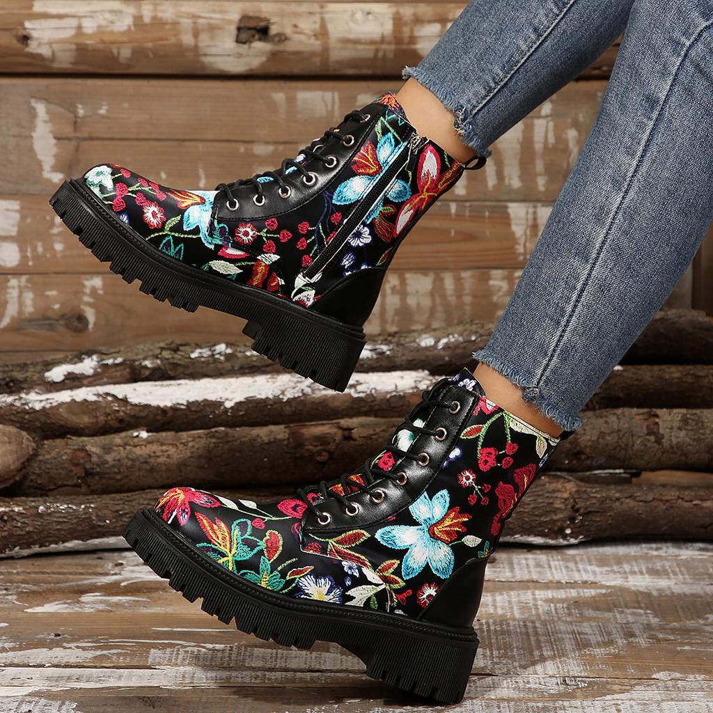 European and American printed large-size Martin boots, new non-slip thick-soled round head warm side zipper boots in autumn and winter