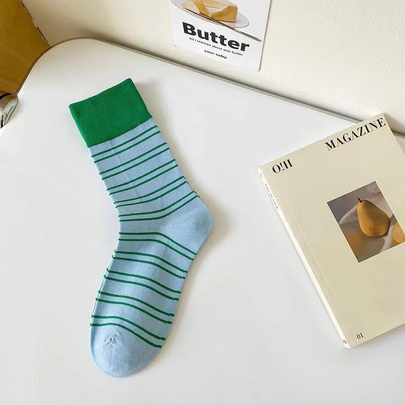 

1/6 пар женских цветных полосатых носков средней длины, весенне-летние, влагоотводящие, дышащие, дофаминовые, с цветовой блокировкой, повседневные носки One Size