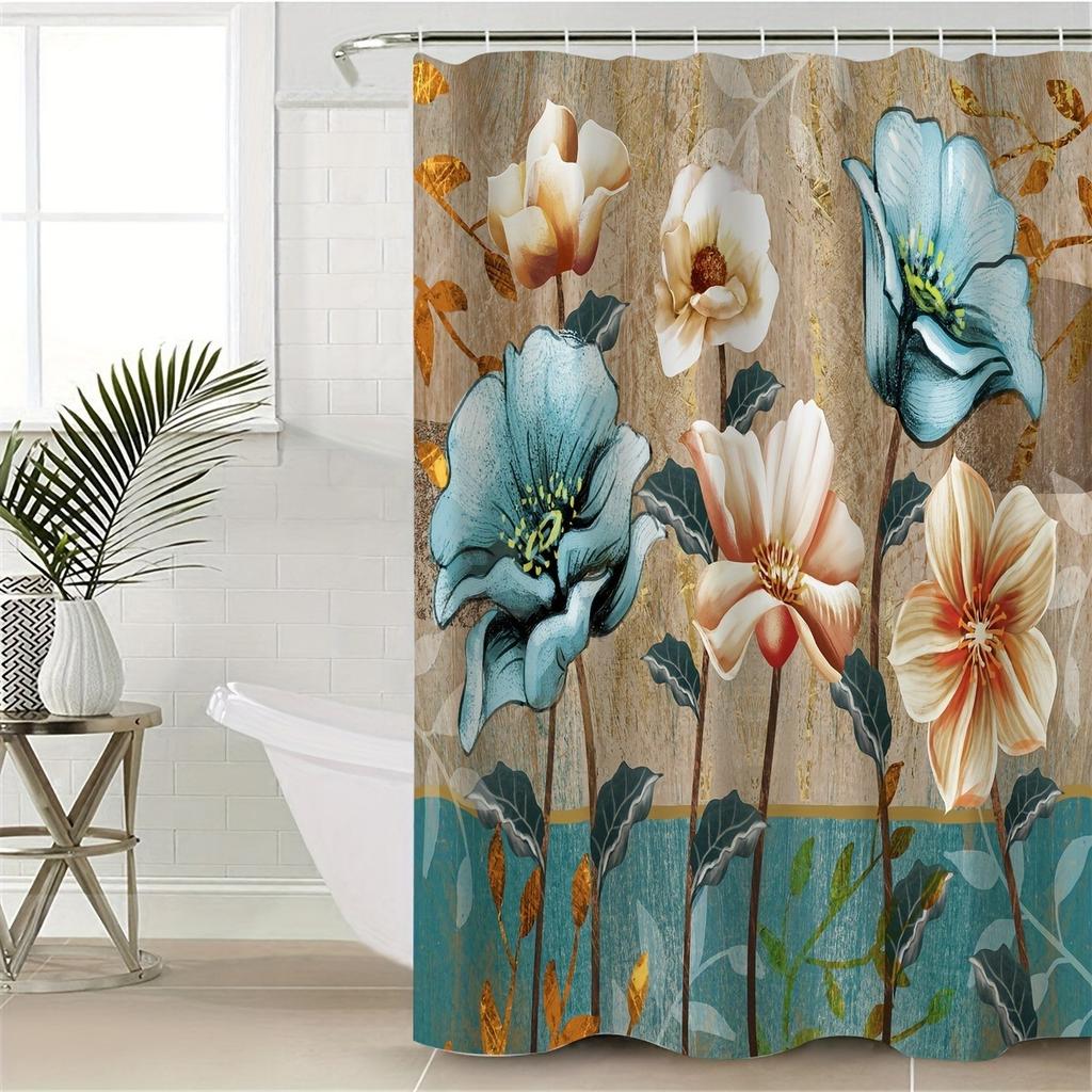 Flower-Blooming Pattern Washable Dirt-Resistant Shower Curtain Shower Head Waterproof Polyester Bath Curtain For Home Decor