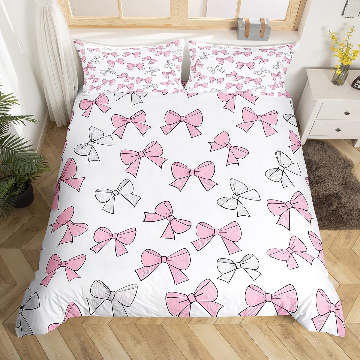 

Comforter Pink Bowknot Dreamy Princess Style Women Girl Soft Microfiber Bedding Set Pink Floral Queen King Comforter Comforter (quilt)-EU Single(135*200cm)3pcs