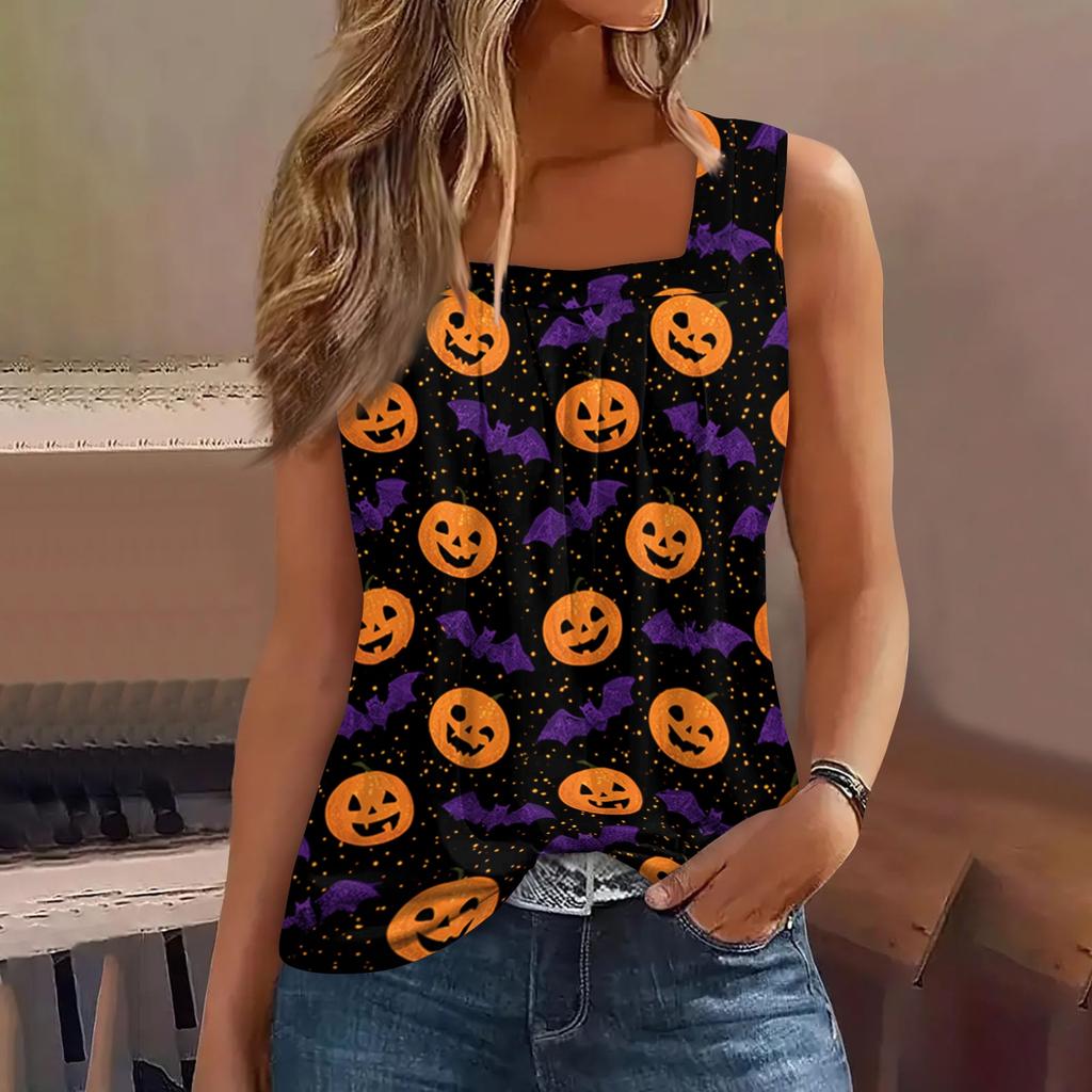 Women Sleeveless Tank Top Square Neck Ruched Halloween Print Casual Summer Blouse Lightweight Comfortable Fit