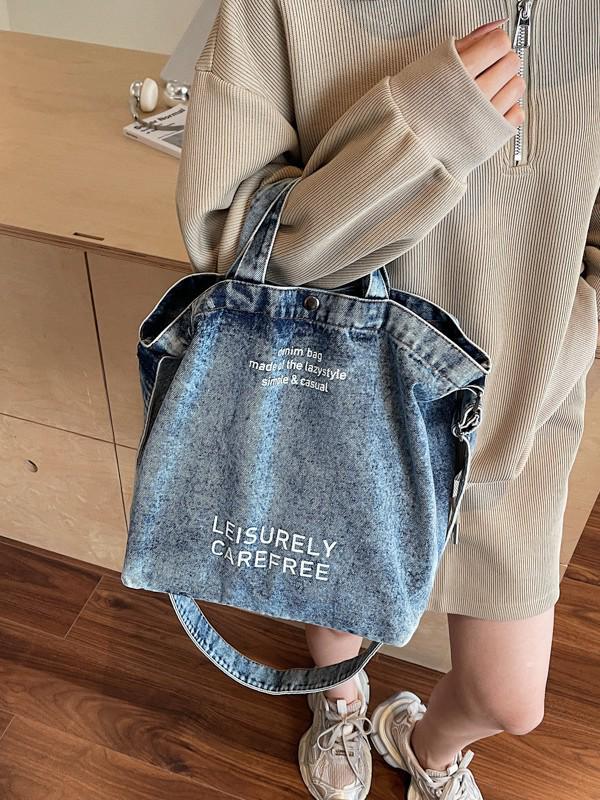 2025 Large Capacity Retro Denim Crossbody Bag with Letter Print - Korean Style for Women
