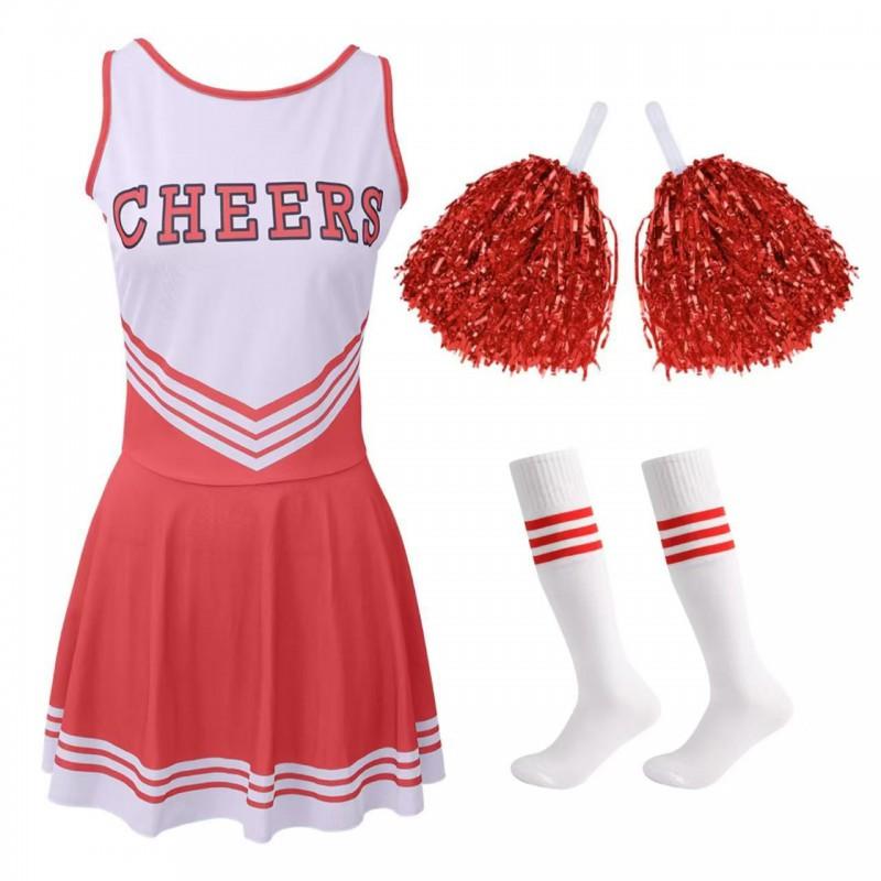 Kids Cheerleading Dress Set 5 Colors Pom Poms Socks Sports Performance Outfit