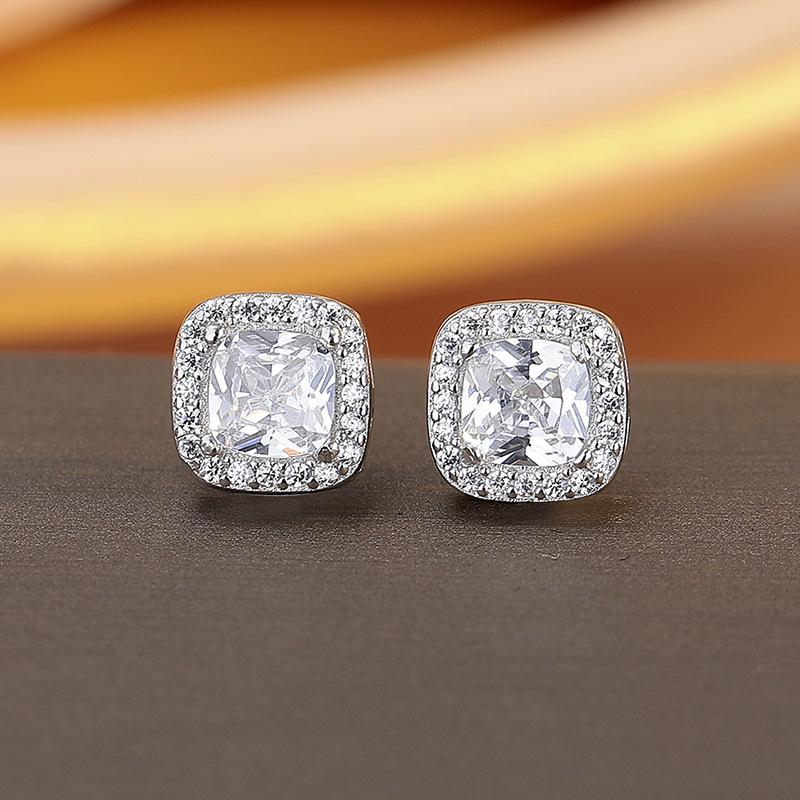 S925 Silver American Square Zircon Stud Earrings Women's Trend Ins Men's Ruffian Handsome Niche European and American Hip-hop Full Diamond Earrings