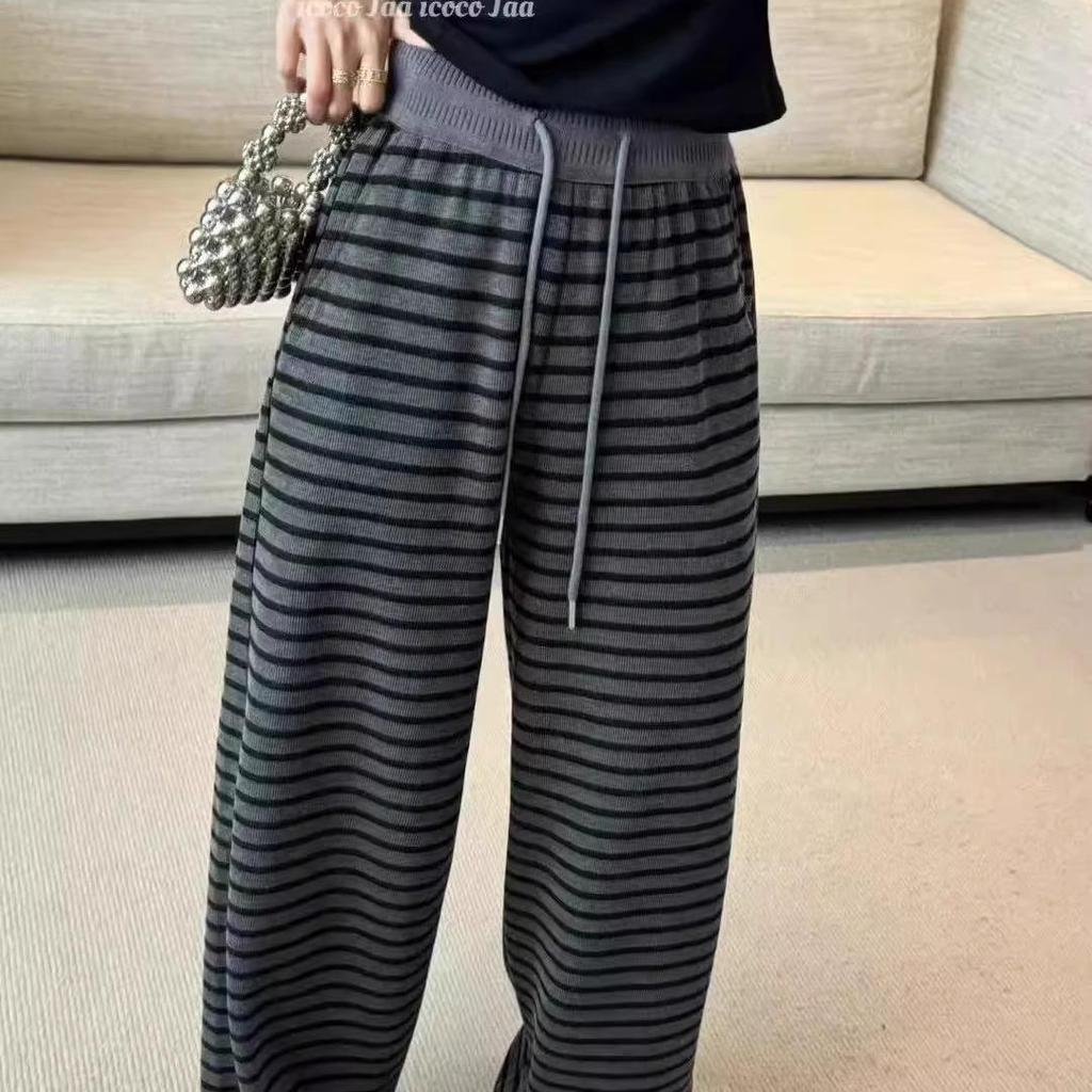 Women's Gray Retro Striped Knitted Wide-Leg Pants - Korean Style, Spring 2025, Elastic Waist, Slimming Casual Fit.