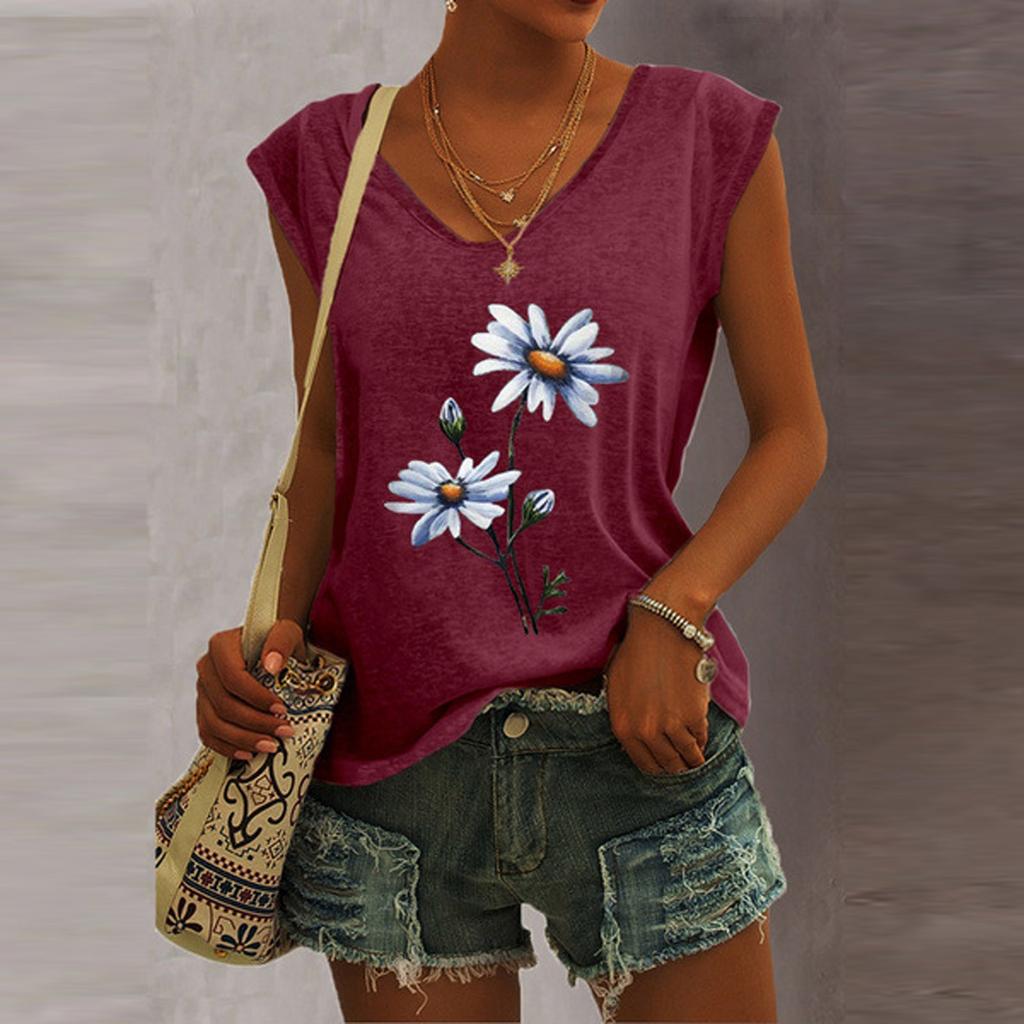 Women's V-Neck T-Shirt Casual Cap Sleeve Vest Print Loose Blouse Fit Tank Tops