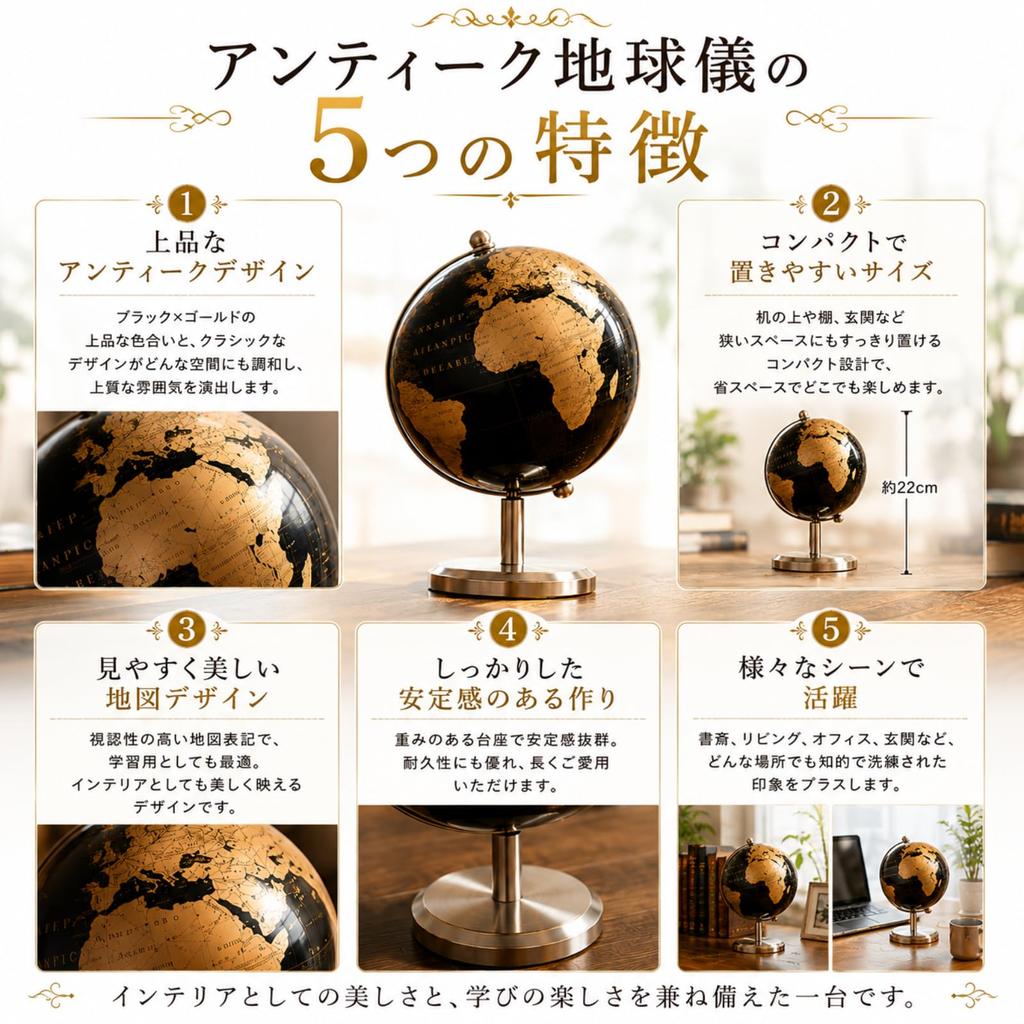 PLEGOOD Globe, Antique, Compact, Classic, Antique Black and Gold, Retro, Display, Interior Decor, World History, Geography, Desktop, Portable, Space-S