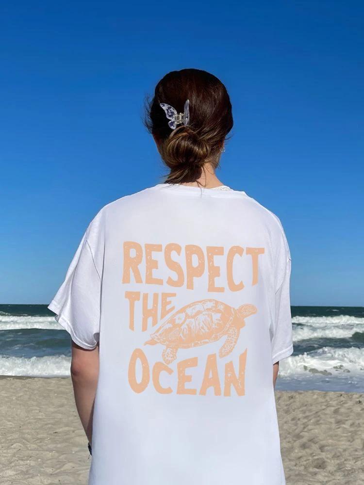 Respect The Ocean Green Turtle T-Shirts Women Casual Fashion Tshirt Breathable Short Sleeve O-Neck Street Clothing