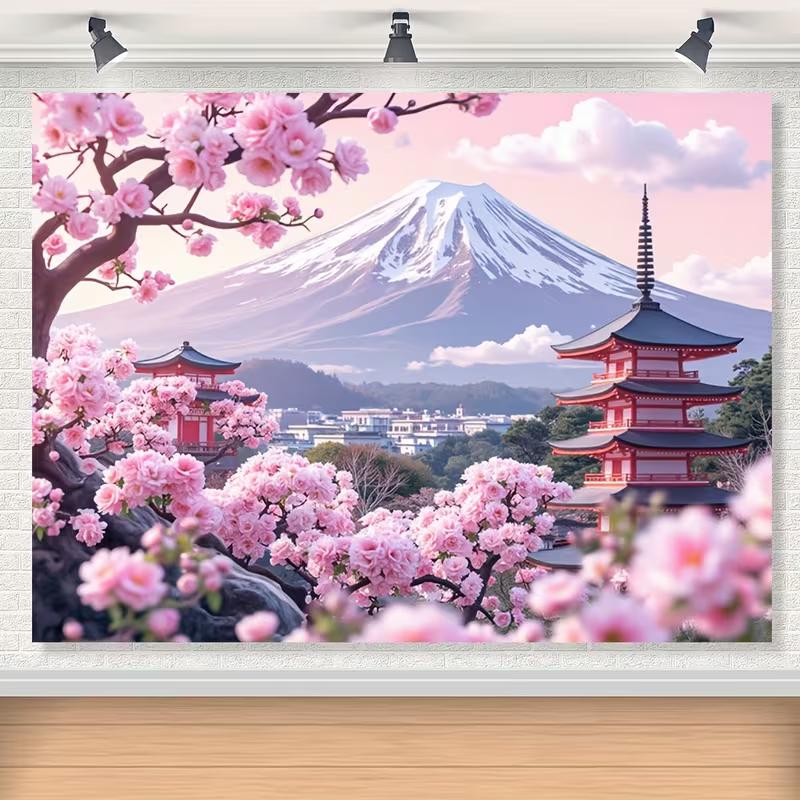 2D Mount Fuji Sakura Scenery Backdrop Japanese Landscape Background