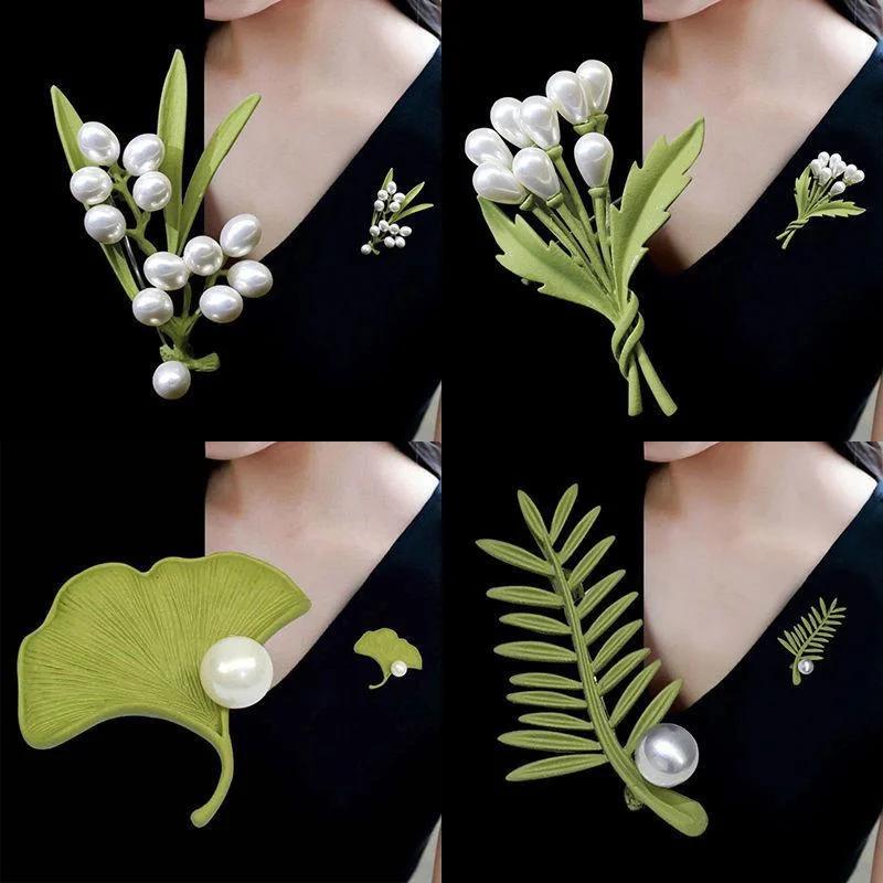 Vintage Plant Leaf Brooches For Women Retro Green Leaves Pearl Ginkgo Brooch Pin Corsage Classic Party Jewelry Accessories