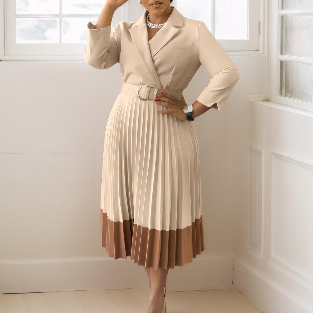 Fashion Full Sleeve Notched Neck Solid High Waist Belt Dress Women Autumn OffiAe Lady Pleated Long Africa Midi Dresses