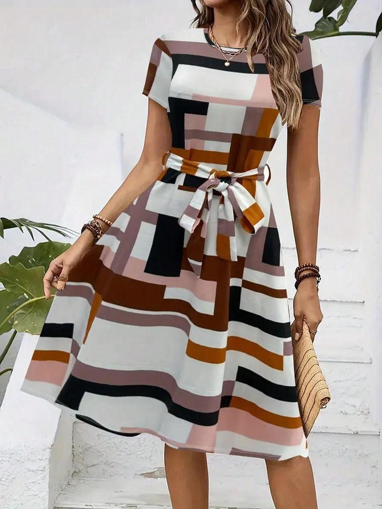 2026 Women's Casual Printed Belted Dress, European & American Summer Bestseller