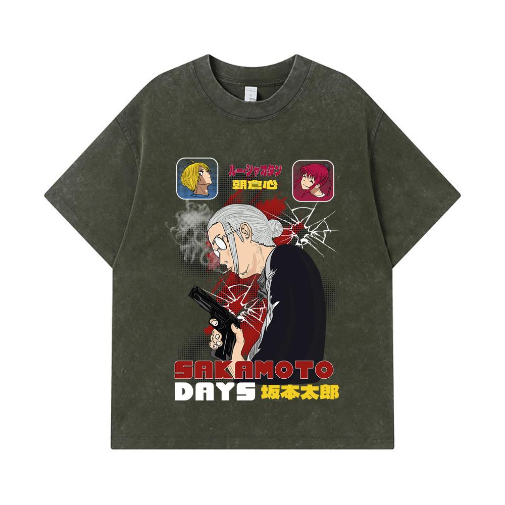 

275 GSM Washed T-shirts 100% Cotton Sakamoto Days V5 Print Unisex Heavy Cotton T Shirt S армия зеленый