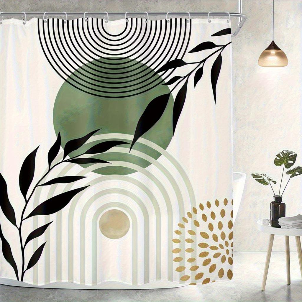 1pc 2D Flat Green And Golden Leaf Shower Curtain, Polyester Digital Printed Shower Curtain, No Drilling Bathroom Divider, Ideal