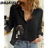 IHUASU Women's Fashion Casual Small Fish Print Long Sleeve POLO Neck Blouses & Shirts