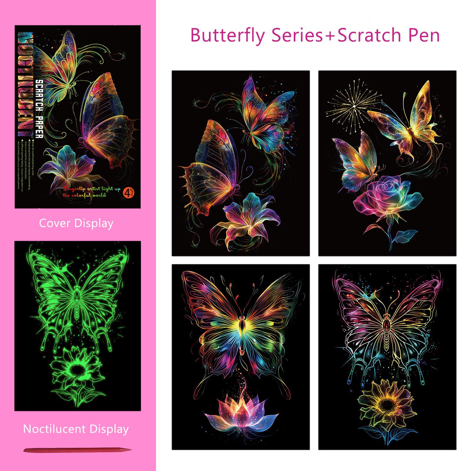 

4 Pcs/Set A4 Diy Scratch Painting Sea World Butterfly Peacock Whale Noctilucent Scratch Painting Drawing Artistic Work A4
