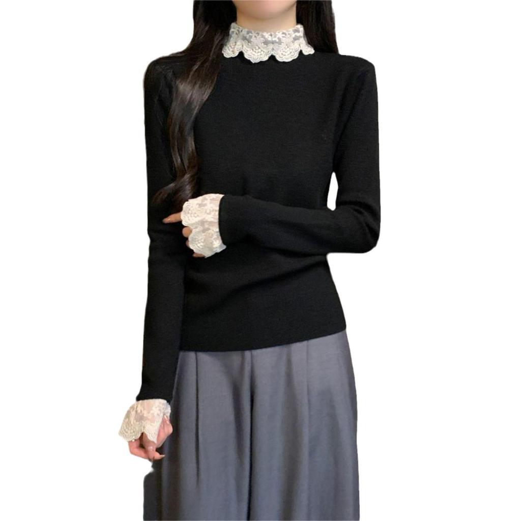 Korean High Neck Lace Patchwork Sweater: Slimming, Figure-Flattering Knitted Top for Women - Perfect for Autumn and Winter