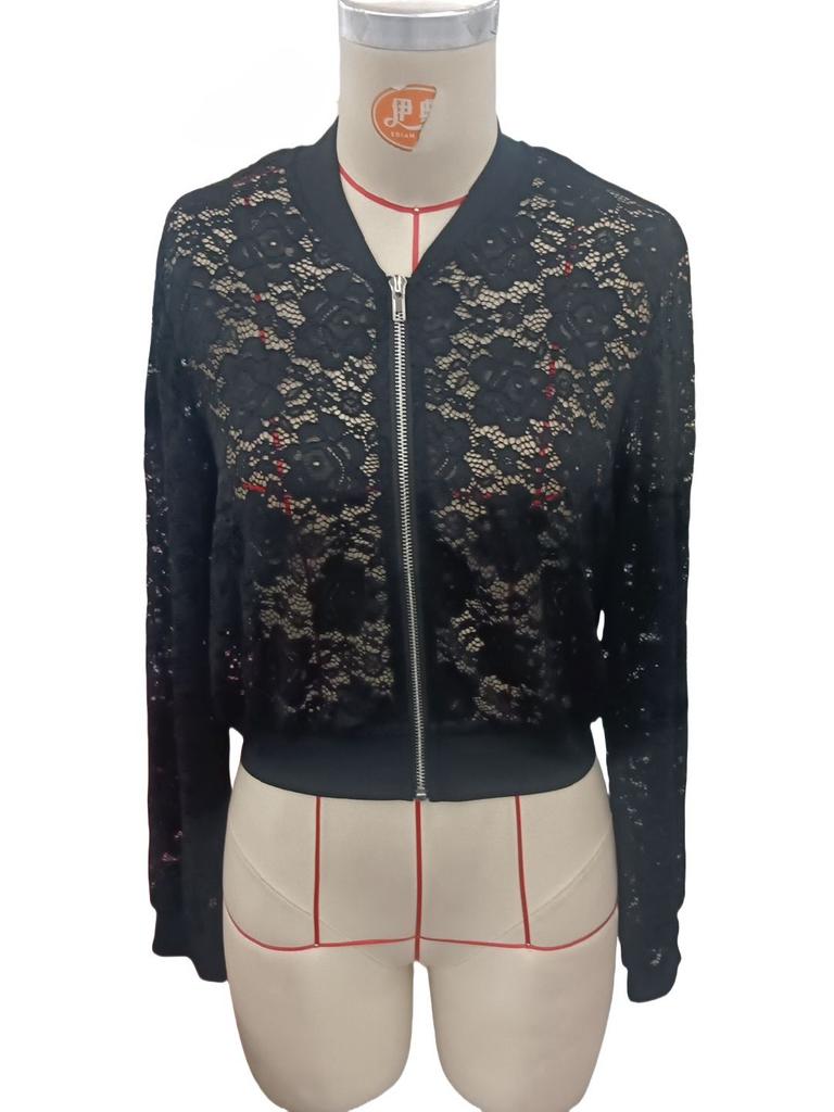 Giacca Corta Elegante da Donna in Pizzo con Zip, Cappotto