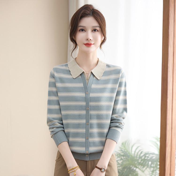 Autumn 2025 Wool Knitwear: Elegant Striped Lapel for Middle-Aged Women