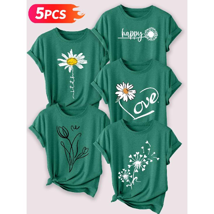 Minimalist hand-drawn small daisy fresh floral print Five-piece set of women's short-sleeve tops Elegant Summer Party Outfits Essential fashion items