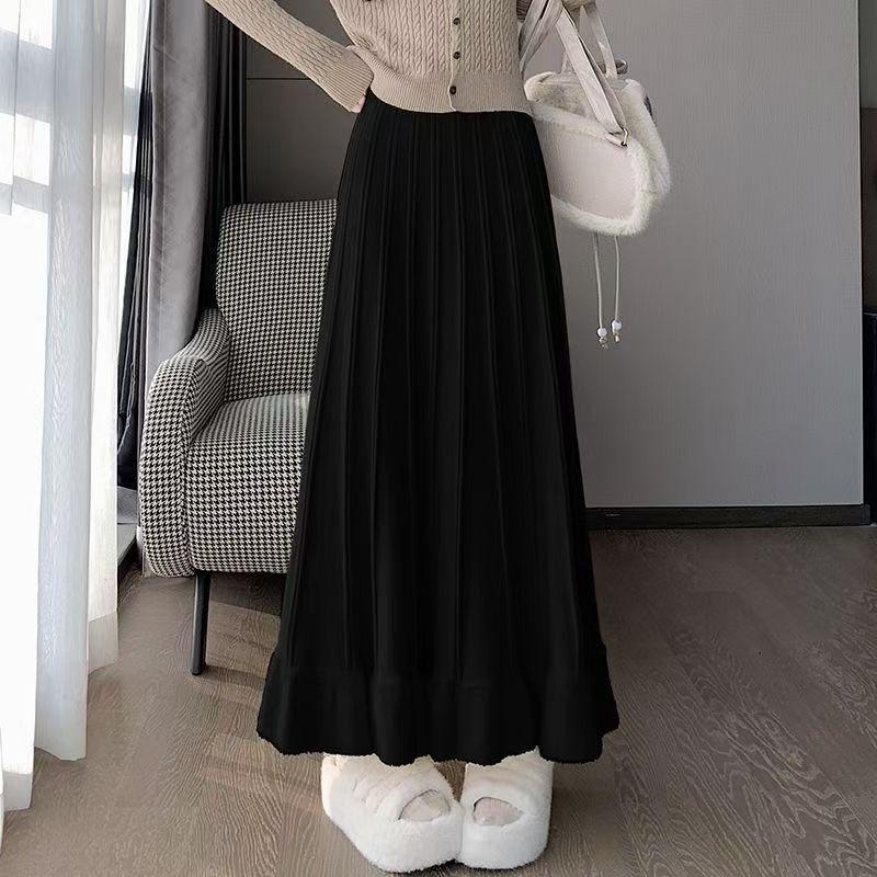 Autumn Winter Women's Knitted Pleated Skirt Long High-waist A-line Skirt