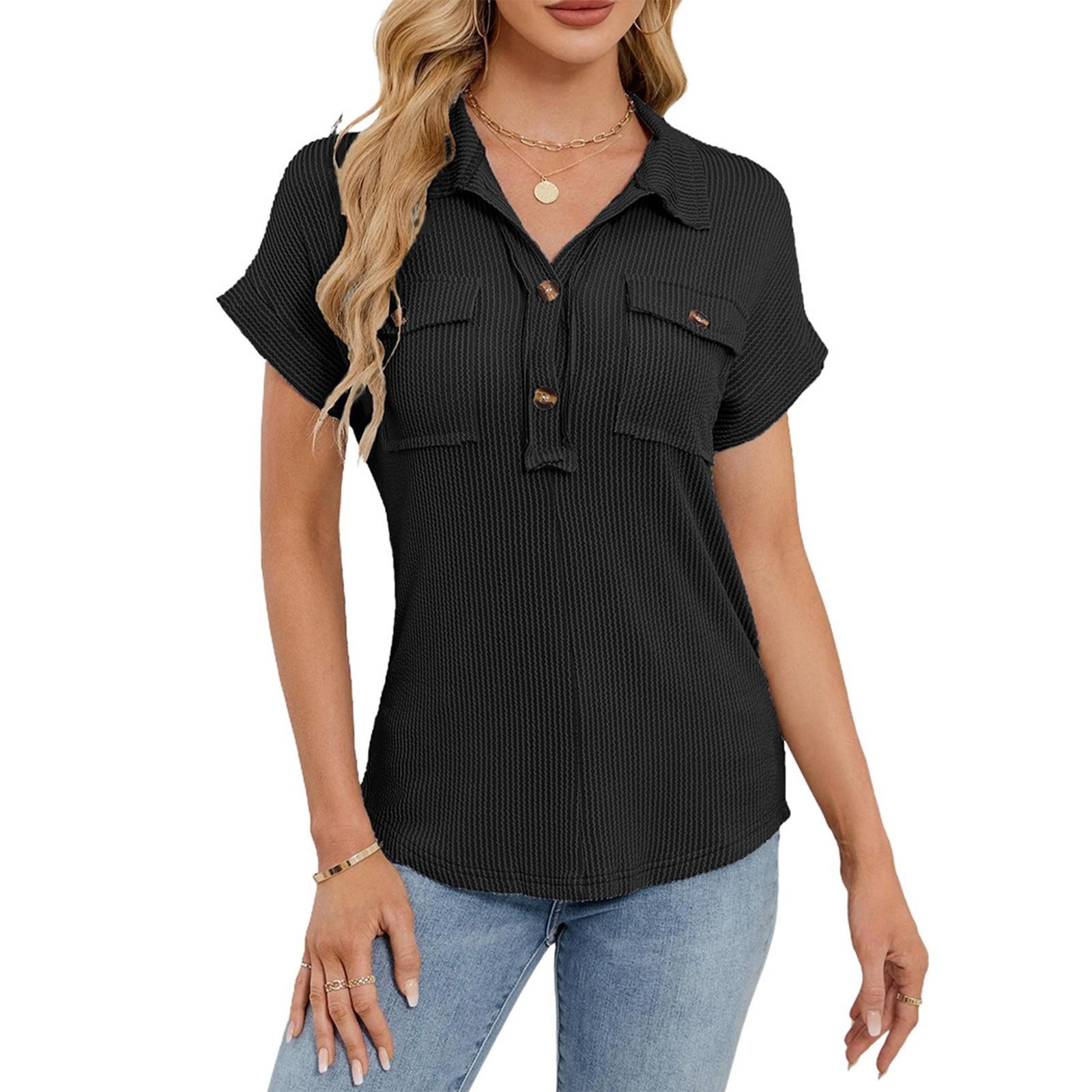 

Женская мода однотонный кардиган с карманом на лацкане и короткими рукавами, повседневная футболка M чёрный